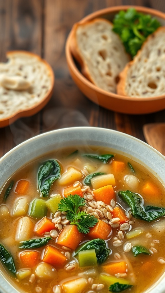 A bowl of oat and vegetable soup with carrots, celery, and spinach, garnished with parsley, on a rustic table with bread.